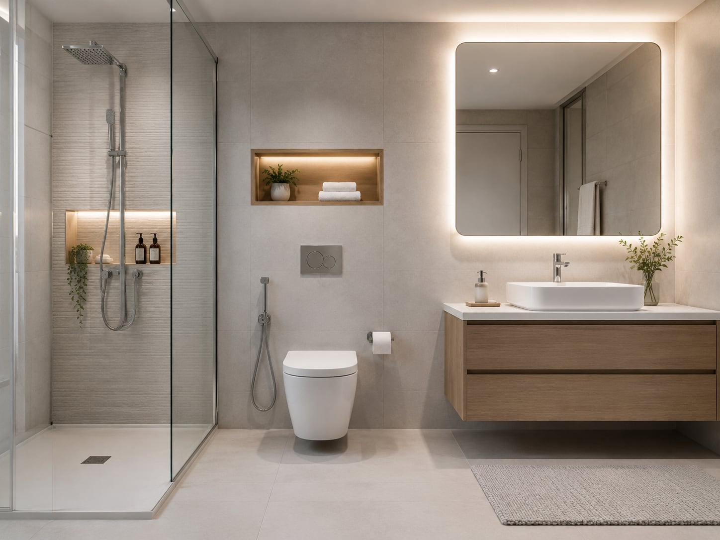 A refined modern bathroom featuring premium bath fittings